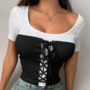 Dazy black & white lace-up corset top